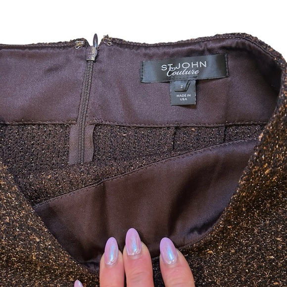 St. John Couture Brown Gold Metallic Knit Tweed Pencil Skirt Stretchy Size 2 - Picture 3 of 9